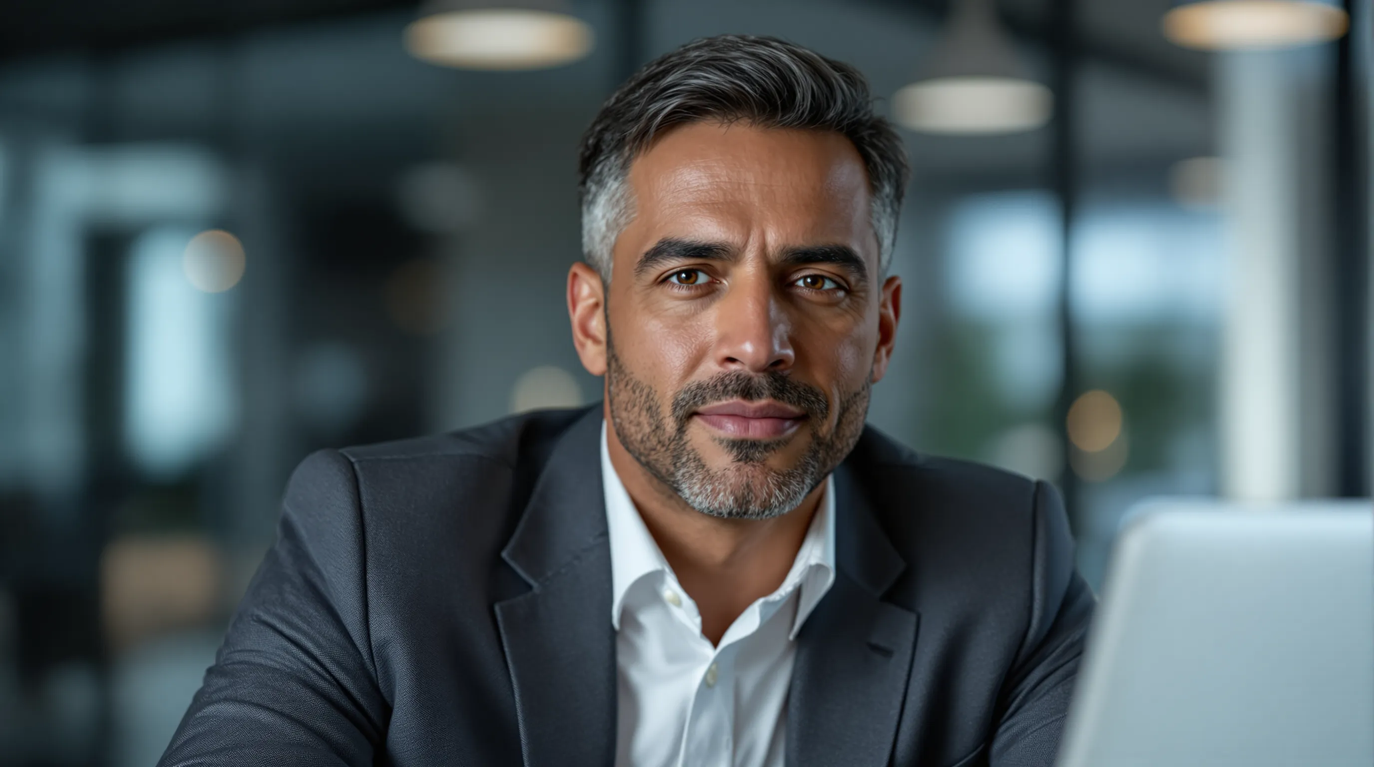 Close-up, high-definition, photoreal shot of a focused professional using a transparent, holographic interface in a modern office. Teal data streams and an Orange notification confirm a qualified lead. Subdued Dark Blue ambient lighting. Focus on the human element.